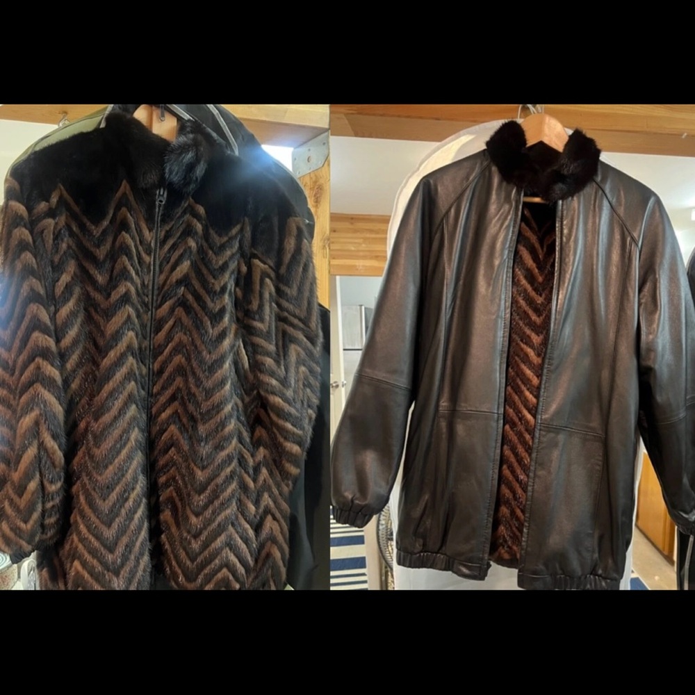 Reversible mink and leather bomber
